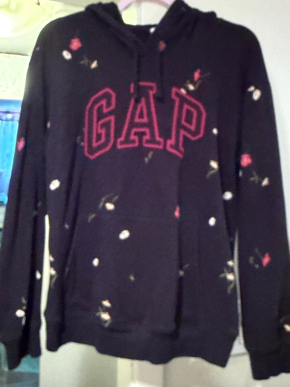 GAP Black Hoodie Sweater with Red Logo and Floral Accents